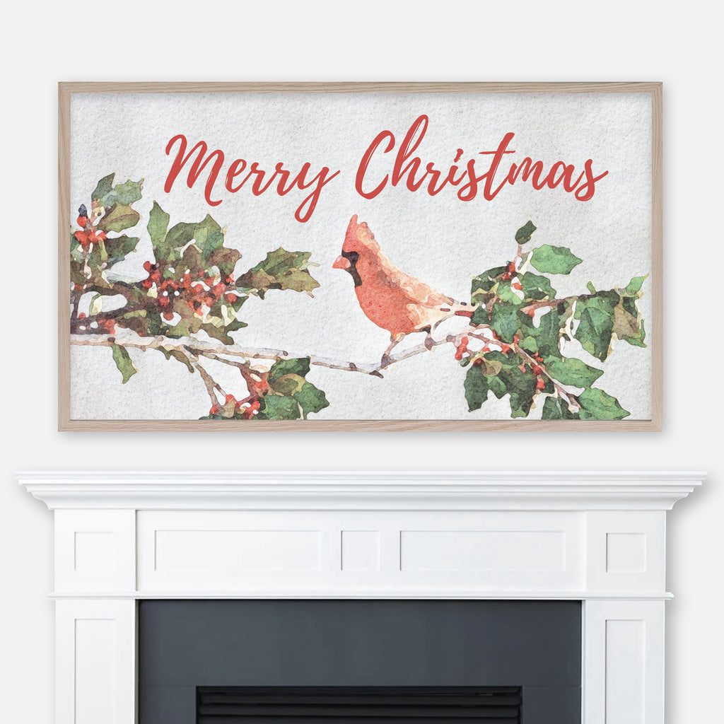 Merry Christmas - Red Cardinal Bird & Holly - Samsung Frame TV Art - Digital Download - Watercolor Painting - Holidays Decor