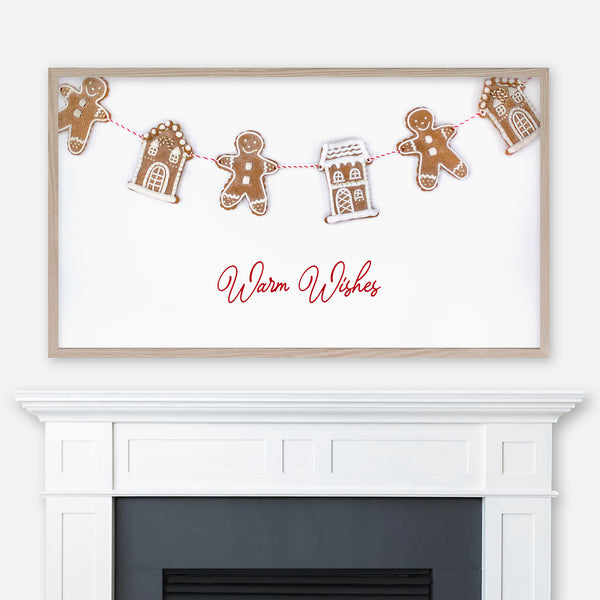 Warm Wishes Samsung Frame TV Art 4K - Typography Christmas Arrangement - Gingerbread Man & House Cookies Bunting Garland  - Digital Download