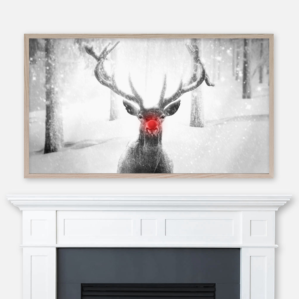 Glowing Red-Nosed Reindeer Samsung Frame TV Art 4K - Fun Minimalist Christmas Holiday Decor - Black & White Photography - Digital Download