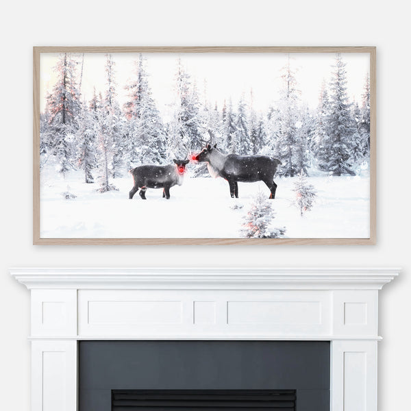 Christmas Samsung Frame TV Art 4K - Two Red-Nosed Reindeer in Snowy Pine Tree Forest - Digital Download