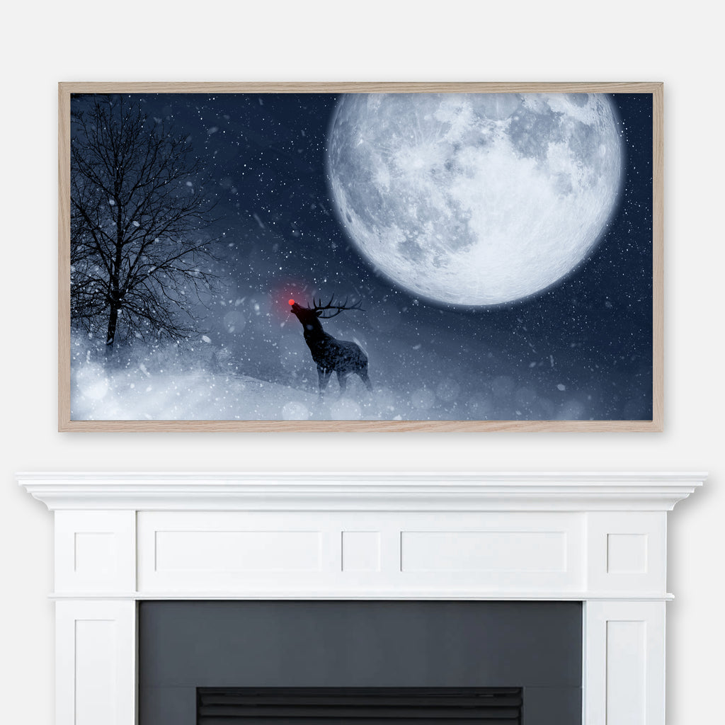 Christmas Samsung Frame TV Art 4K - Red-Nosed Reindeer & Full Moon - Digital Download