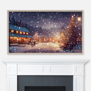 Christmas Samsung Frame TV Art 4K - Painting of Illuminated Village Houses & Shops on a Snowy Night - Digital Download