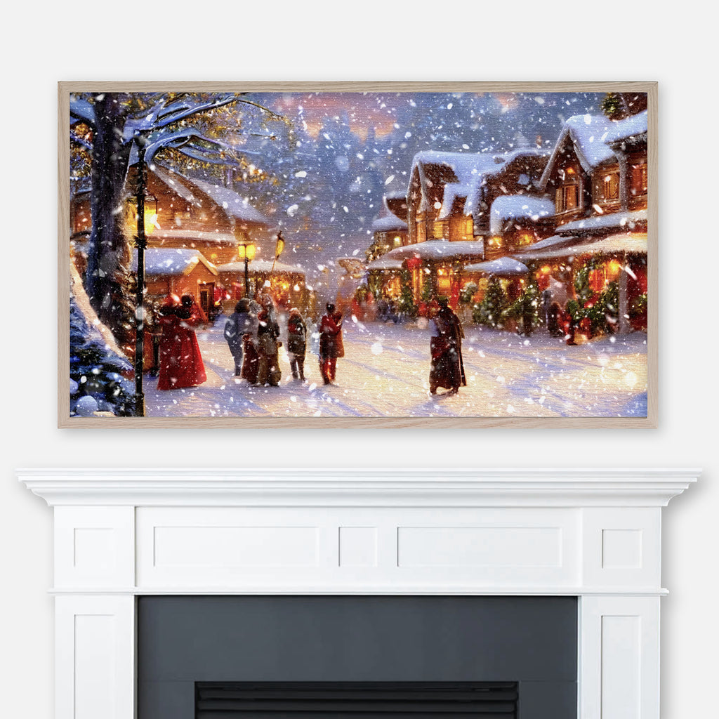 Christmas Samsung Frame TV Art 4K - Painting of People in Illuminated Shopping Village on a Snowy Night - Digital Download
