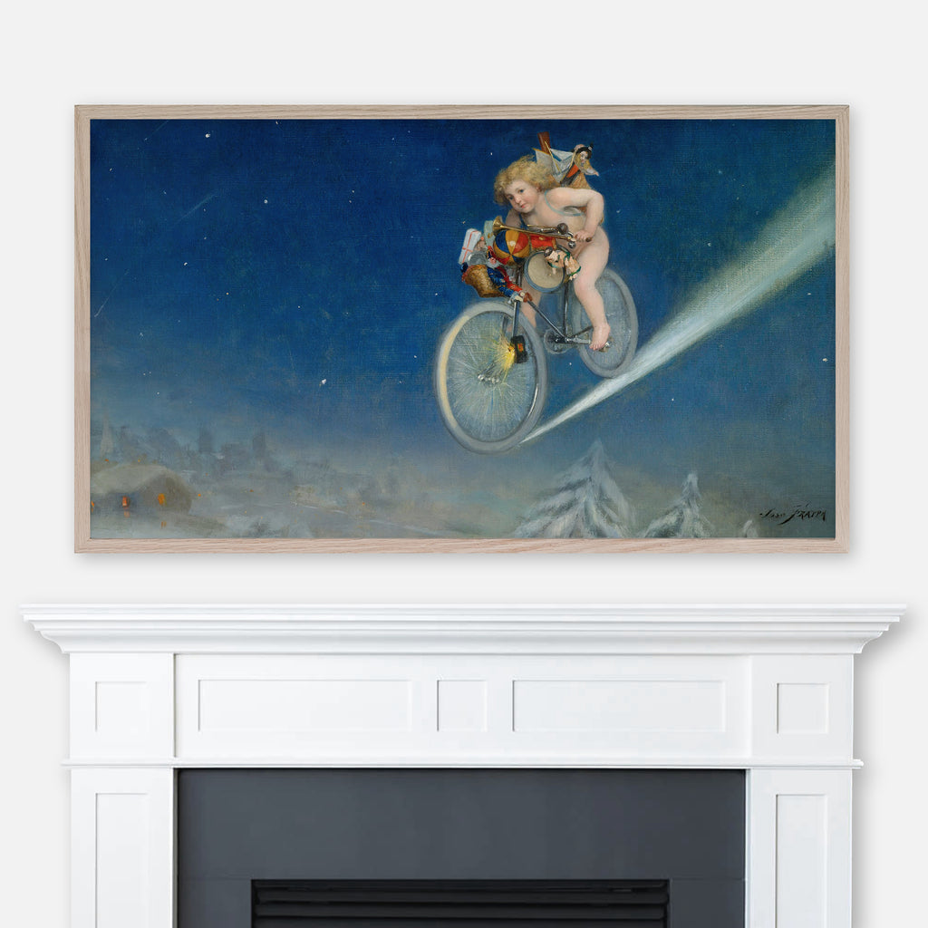 Christmas Delivery - Painting by José Frappa - Samsung Frame TV Art 4K - Cherub Flying in the Sky on Bicycle with Toys - Digital Download