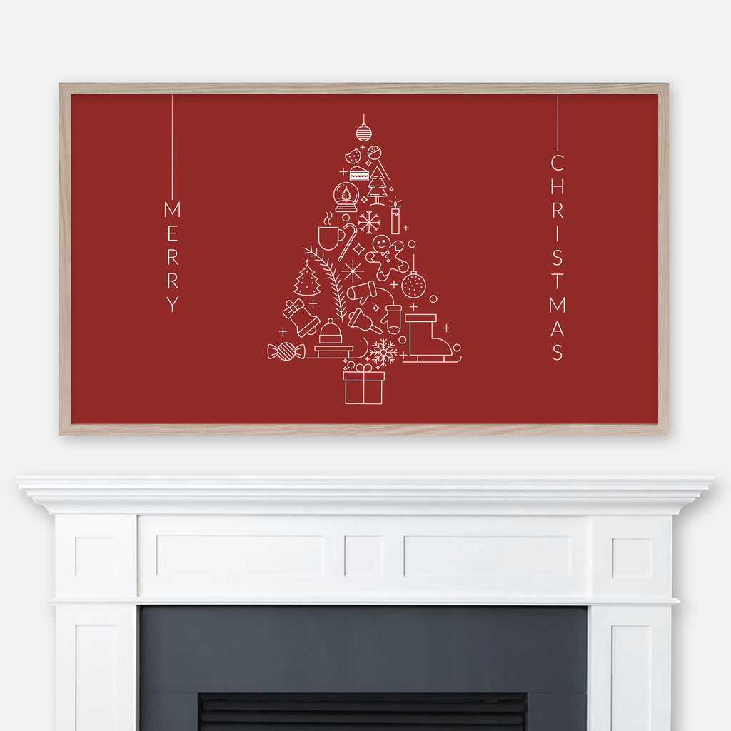Merry Christmas Samsung Frame TV Art 4K - Tree with Festive & Winter Objects - Minimalist Red & White Typography Line Art - Digital Download