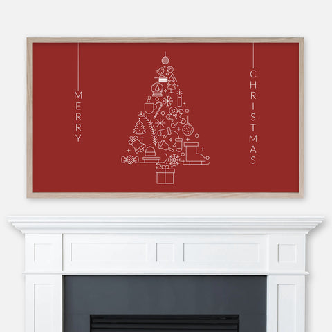 Merry Christmas Samsung Frame TV Art 4K - Tree with Festive & Winter Objects - Minimalist Red & White Typography Line Art - Digital Download