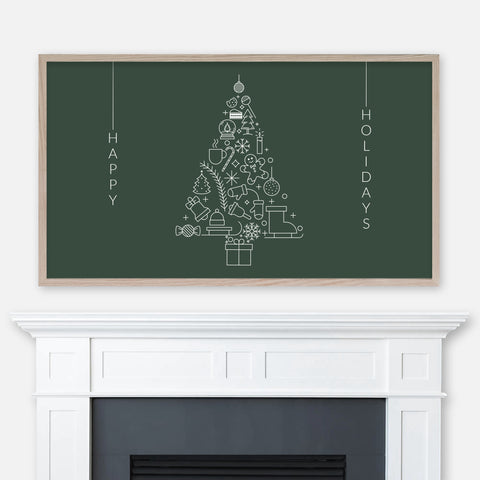 Happy Holidays Samsung Frame TV Art 4K - Christmas Tree with Festive & Winter Line Art Objects - Minimalist Green & White - Digital Download