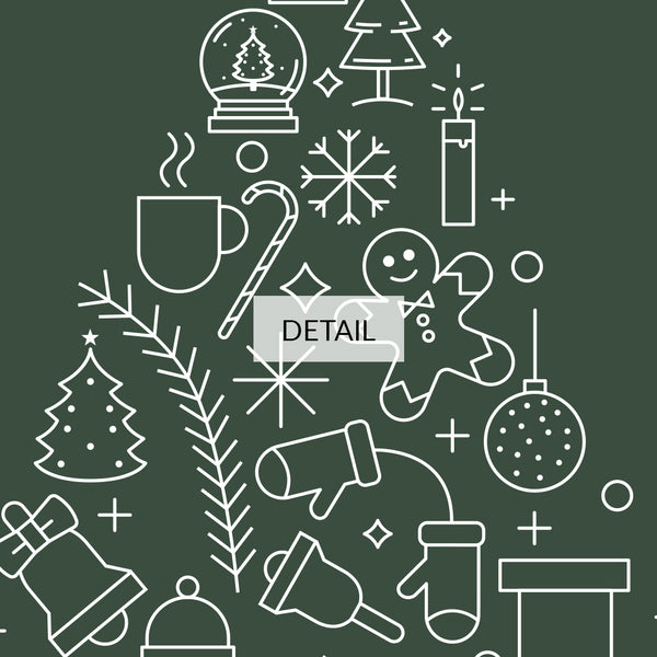 Happy Holidays Samsung Frame TV Art 4K - Christmas Tree with Festive & Winter Line Art Objects - Minimalist Green & White - Digital Download