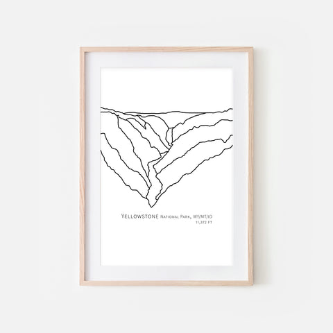 Yellowstone National Park Wyoming Montana Idaho WY MT ID USA Wall Art Print - Abstract Minimalist Landscape Contour One Line Drawing - Black and White Home Decor Mountain Outdoors Hiking Decor - Large Small Shipped Paper Print or Poster - OR - Downloadable Art Print DIY Digital Printable Instant Download - By Happy Cat Prints