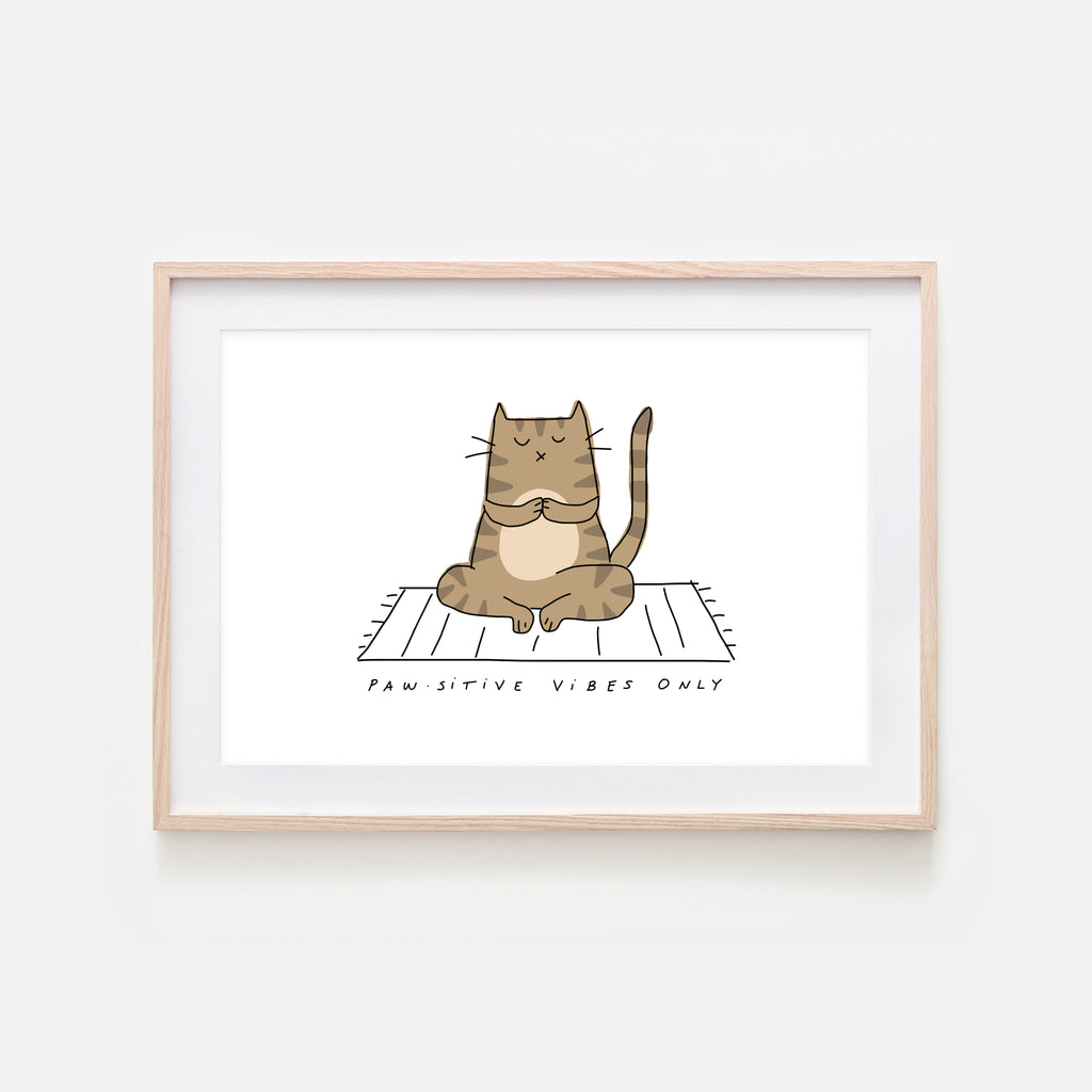Pawsitive Vibes Only - Yoga Wall Art - Brown Tabby Cat Line Drawing - Fitness Exercise Room Decor - Print, Poster or Printable Download