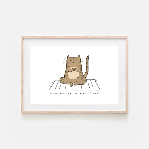 Pawsitive Vibes Only - Yoga Wall Art - Brown Tabby Cat Line Drawing - Fitness Exercise Room Decor - Print, Poster or Printable Download