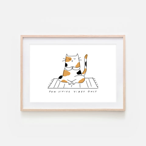 Pawsitive Vibes Only - Yoga Wall Art - Calico Cat Line Drawing - Fitness Exercise Room Decor - Print, Poster or Printable Download
