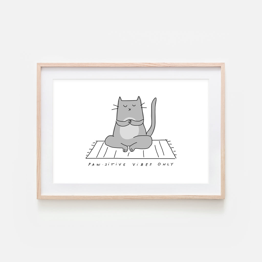Pawsitive Vibes Only - Yoga Wall Art - Gray Cat Line Drawing - Fitness Exercise Room Decor - Print, Poster or Printable Download