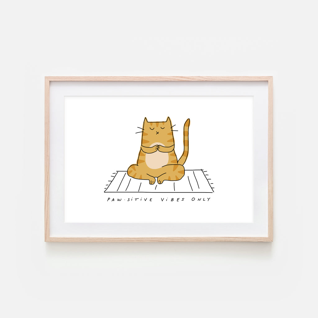 Pawsitive Vibes Only - Yoga Wall Art - Orange Tabby Cat Line Drawing - Fitness Exercise Room Decor - Print, Poster or Printable Download