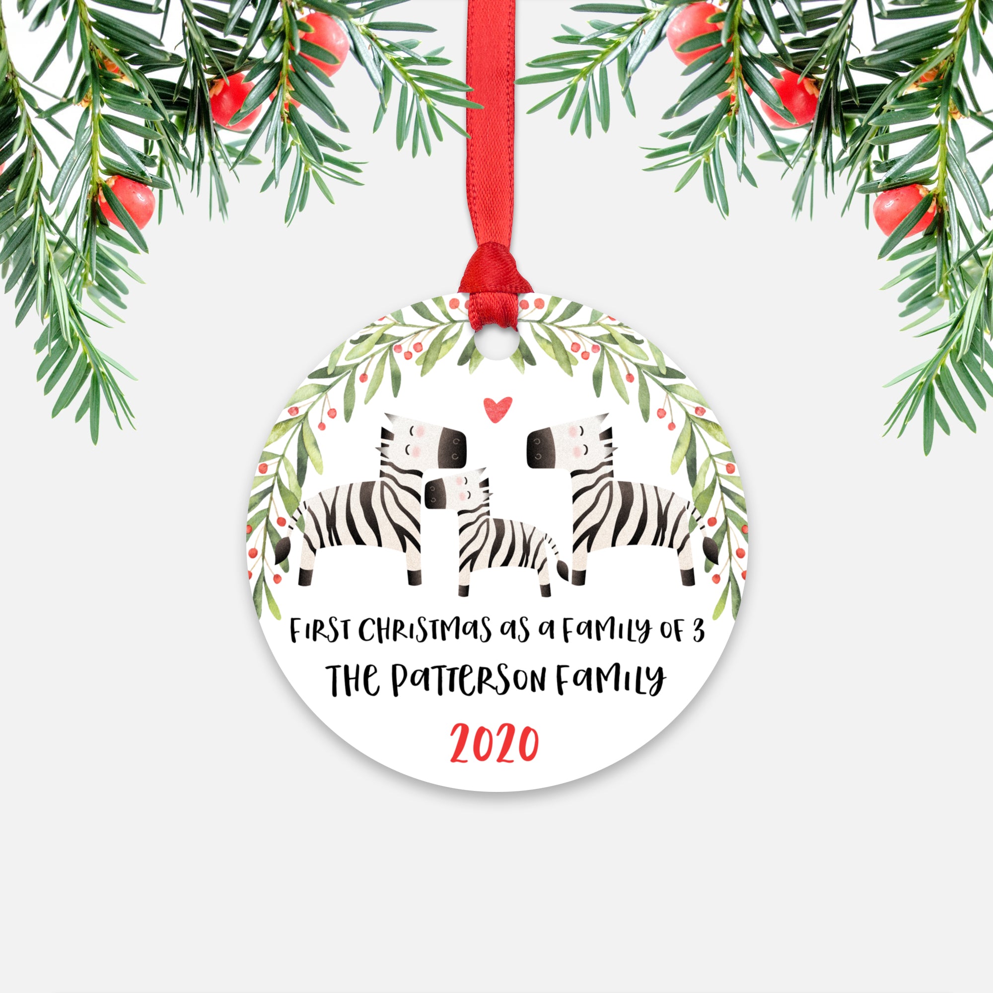 Zebra Animal First Christmas as a Family of 3 Personalized Ornament for New Baby Girl Boy - Round Aluminum - Red ribbon