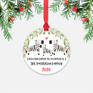 Zebra Animal First Christmas as a Family of 3 Personalized Ornament for New Baby Girl Boy - Round Aluminum - Red ribbon