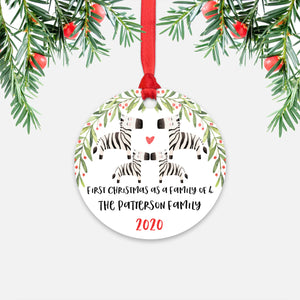 Zebra Animal First Christmas as a Family of 4 Personalized Ornament for New Baby Girl Boy - Round Aluminum - Red ribbon