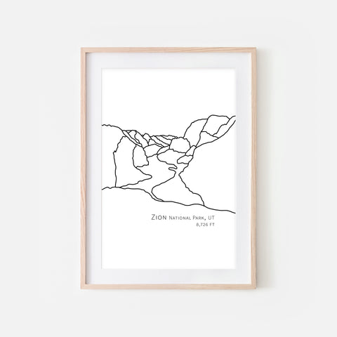 Zion National Park Utah UT USA Wall Art Print - Abstract Minimalist Landscape Contour One Line Drawing - Black and White Home Decor Mountain Outdoors Hiking Decor - Large Small Shipped Paper Print or Poster - OR - Downloadable Art Print DIY Digital Printable Instant Download - By Happy Cat Prints